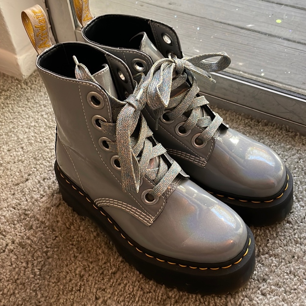 Dr. Martens Silver/Iridescent Molly combat boots